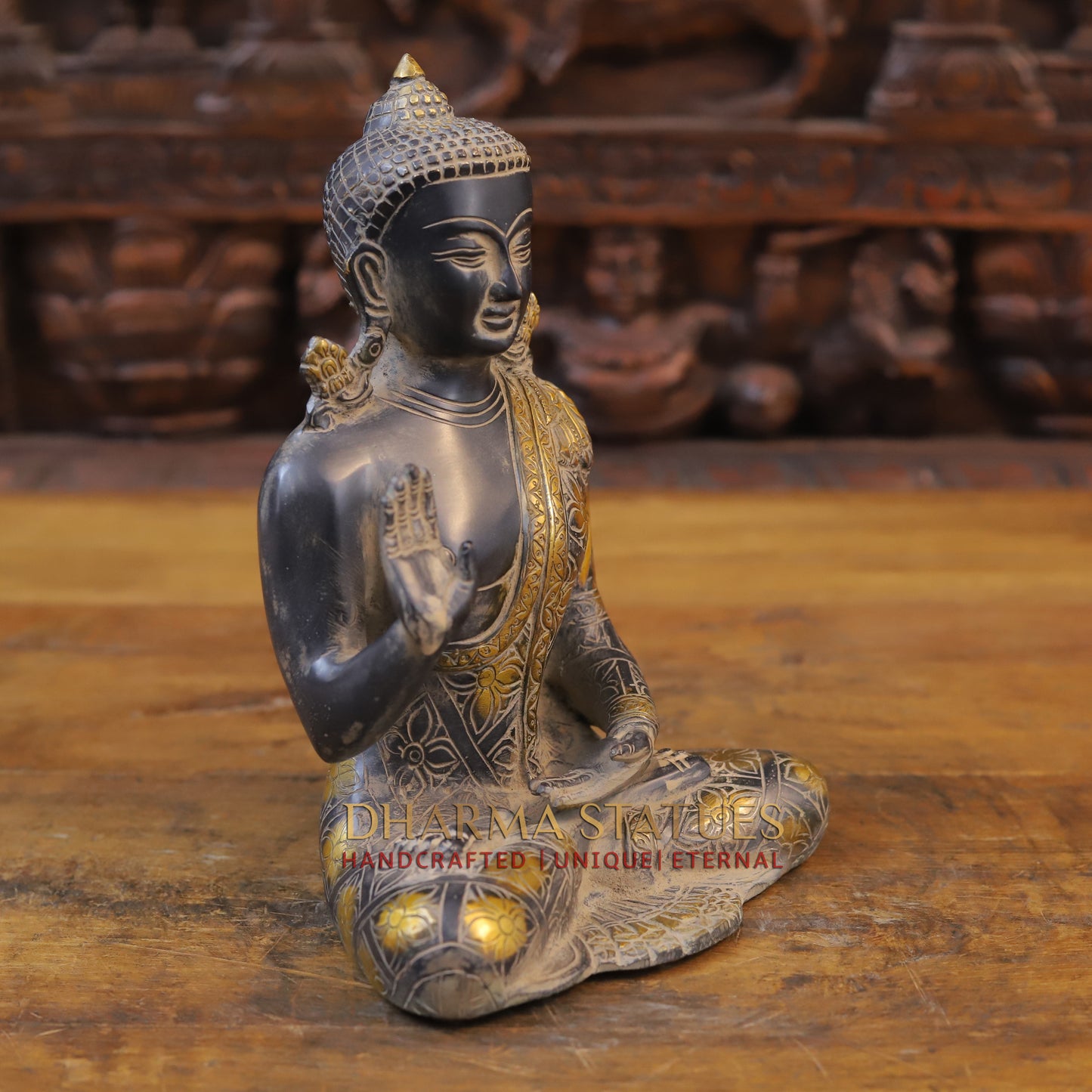 Brass Buddha seated in Blessing Posture, Black Patina & Golden Finish, 10"
