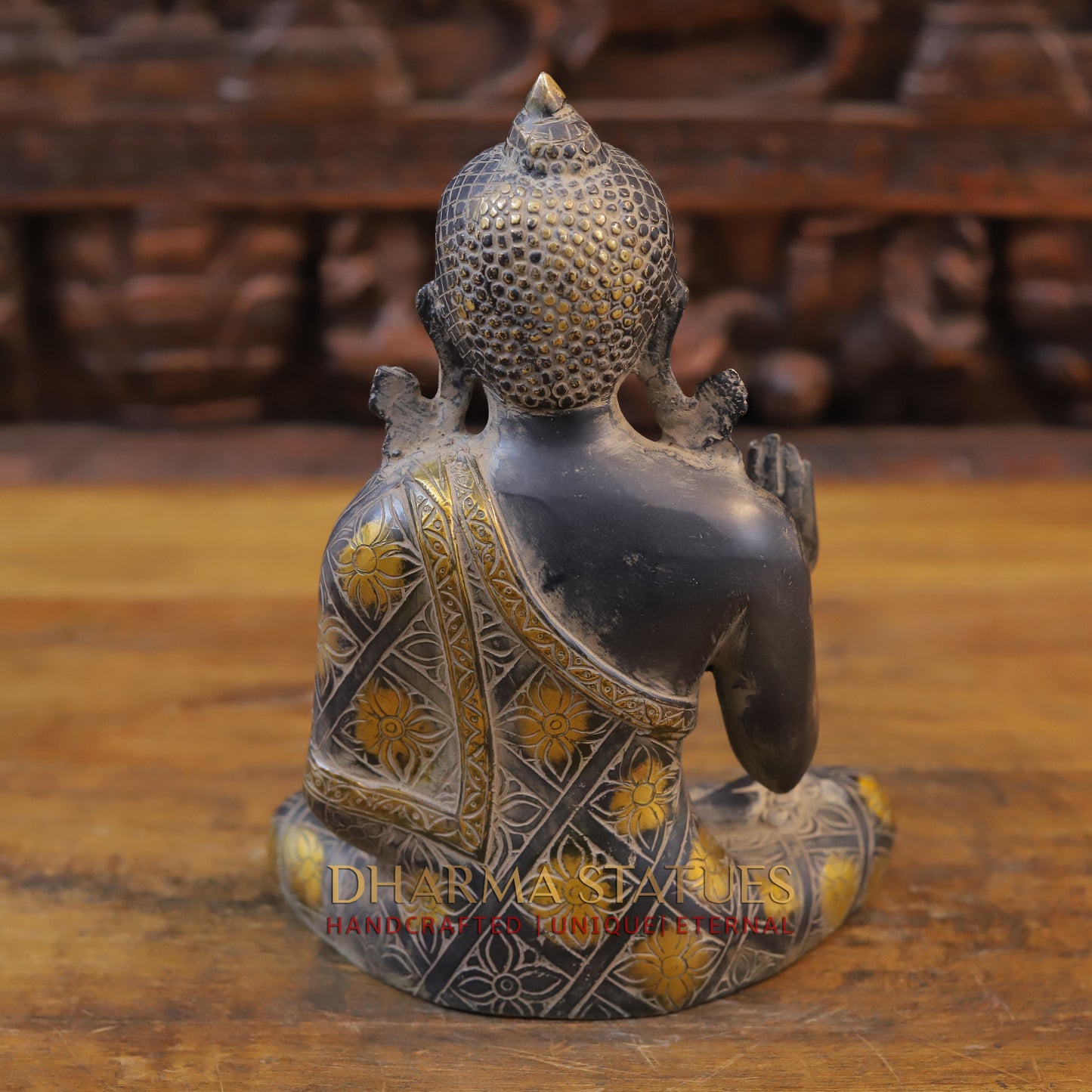 Brass Buddha seated in Blessing Posture, Black Patina & Golden Finish, 10"