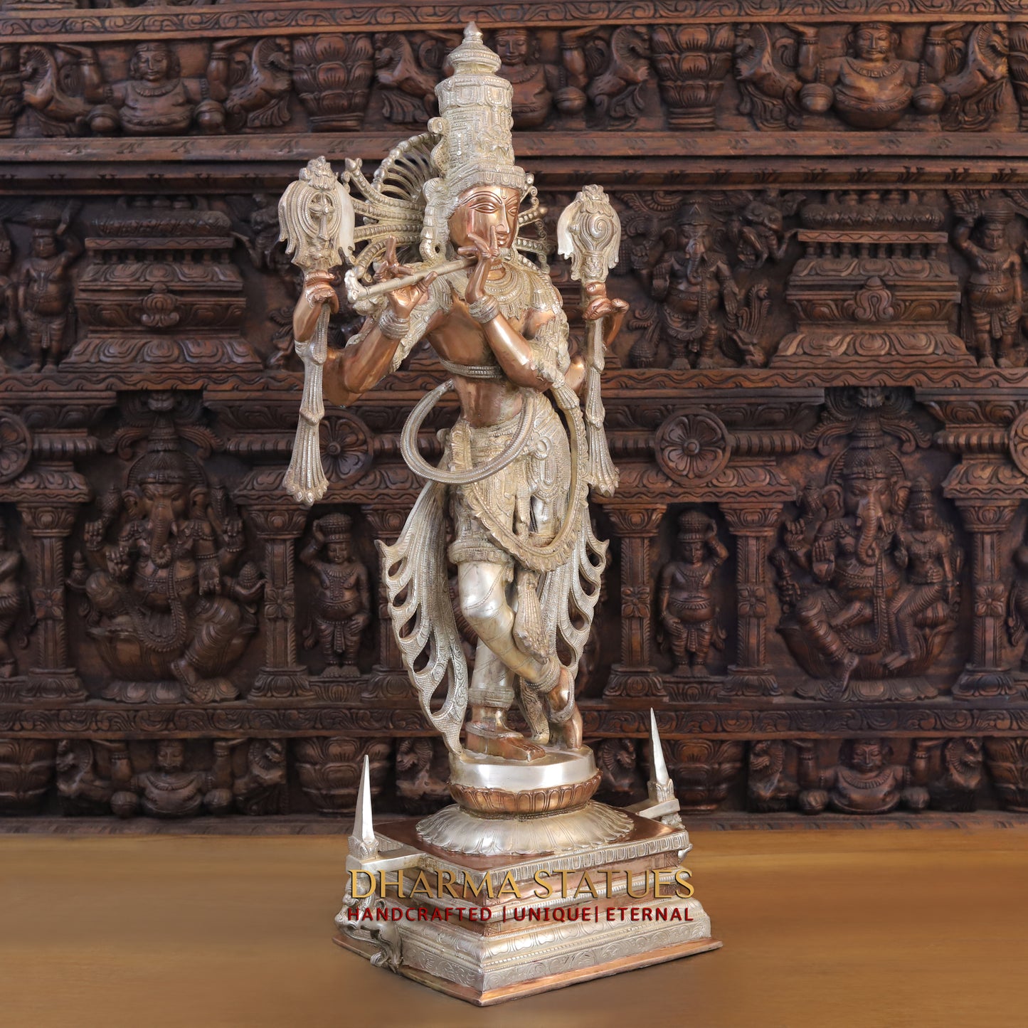 Brass Krishna playing Flute on Pedestal, Silver & Copper Finish, 40"