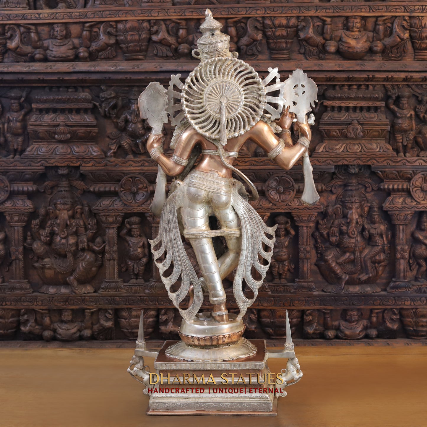 Brass Krishna playing Flute on Pedestal, Silver & Copper Finish, 40"