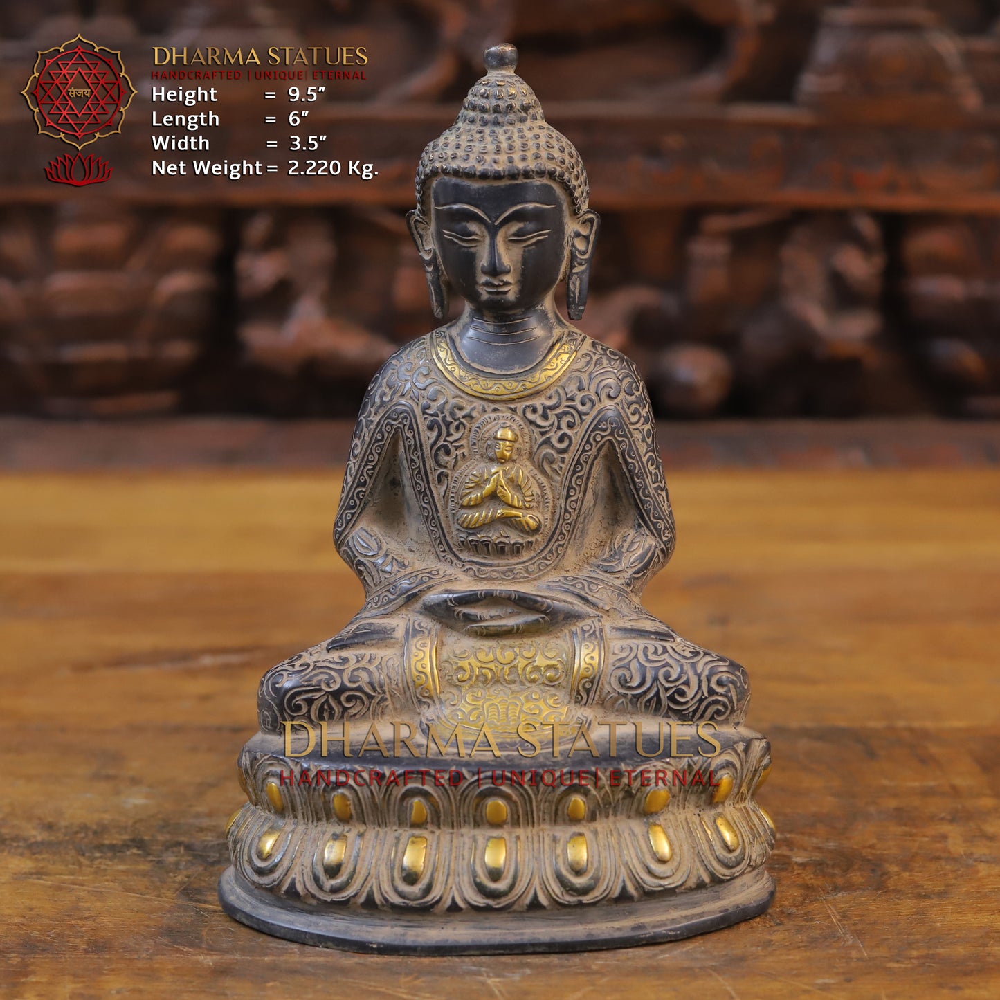 Brass Buddha in Meditation Mudra, Black Patina & Golden Finish, 9.5"