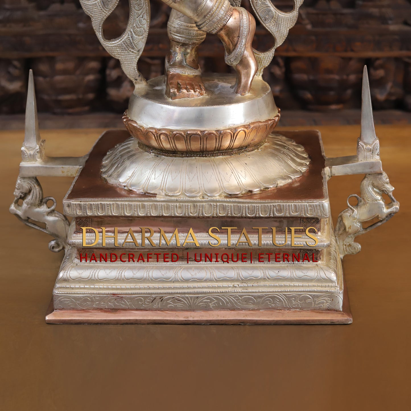 Brass Krishna playing Flute on Pedestal, Silver & Copper Finish, 40"