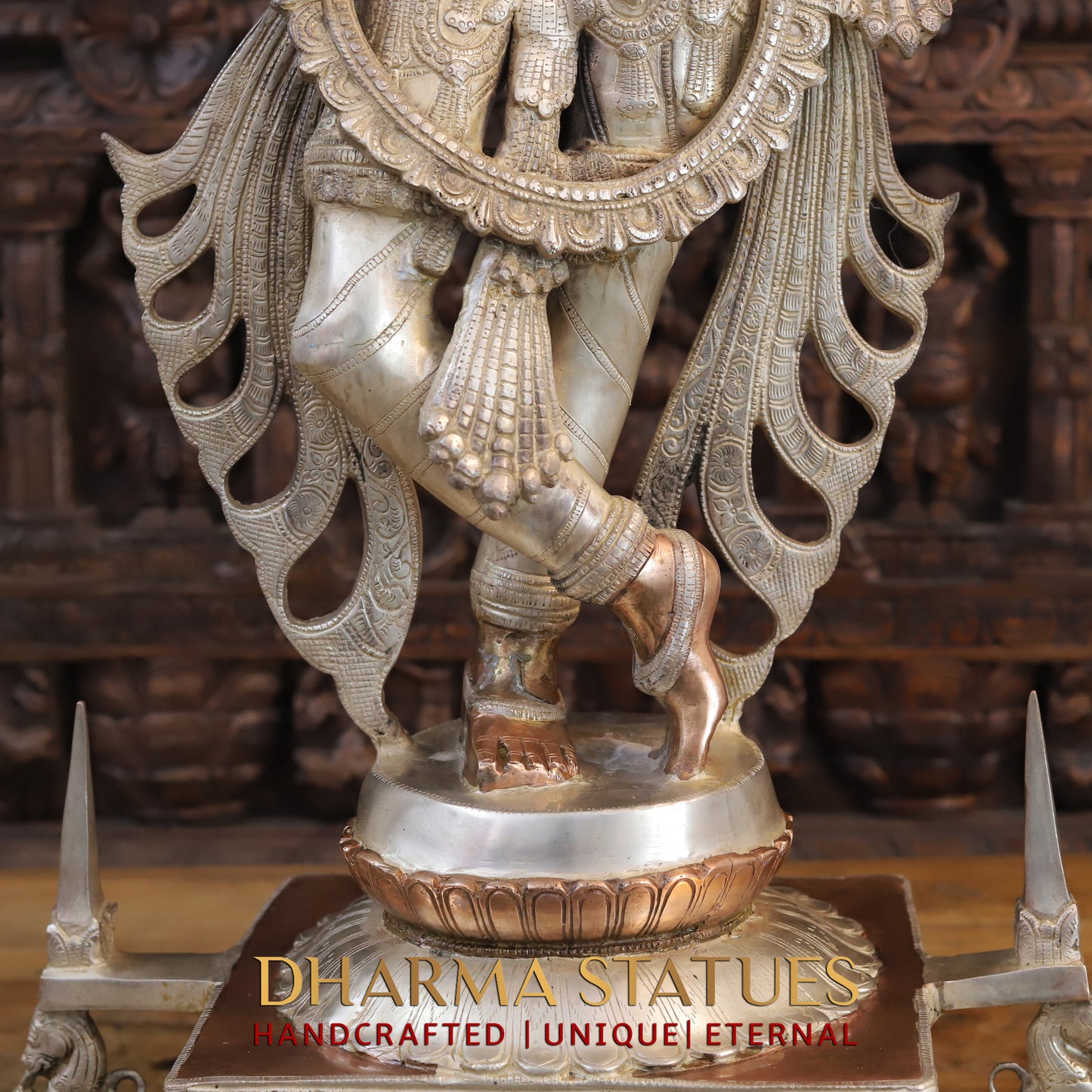 Brass Krishna playing Flute on Pedestal, Silver & Copper Finish, 40"