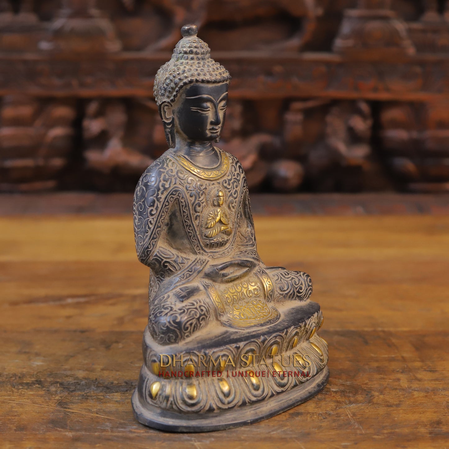 Brass Buddha in Meditation Mudra, Black Patina & Golden Finish, 9.5"