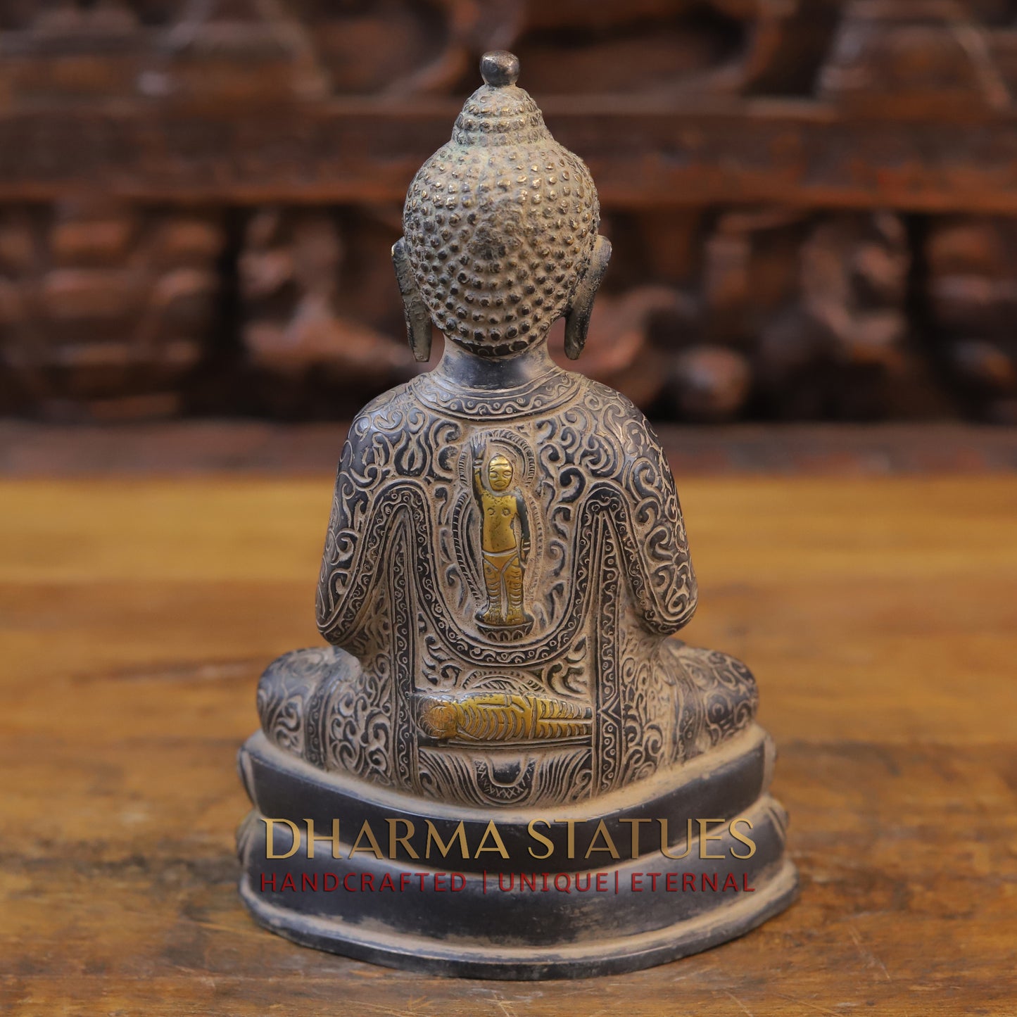Brass Buddha in Meditation Mudra, Black Patina & Golden Finish, 9.5"