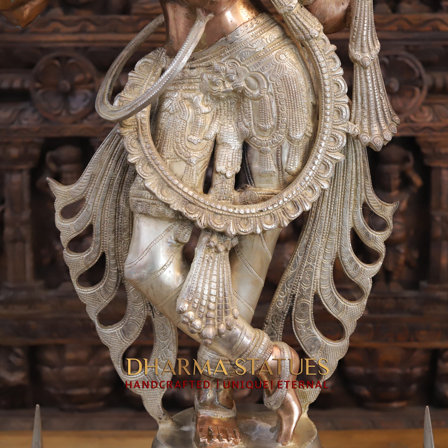Brass Krishna playing Flute on Pedestal, Silver & Copper Finish, 40"