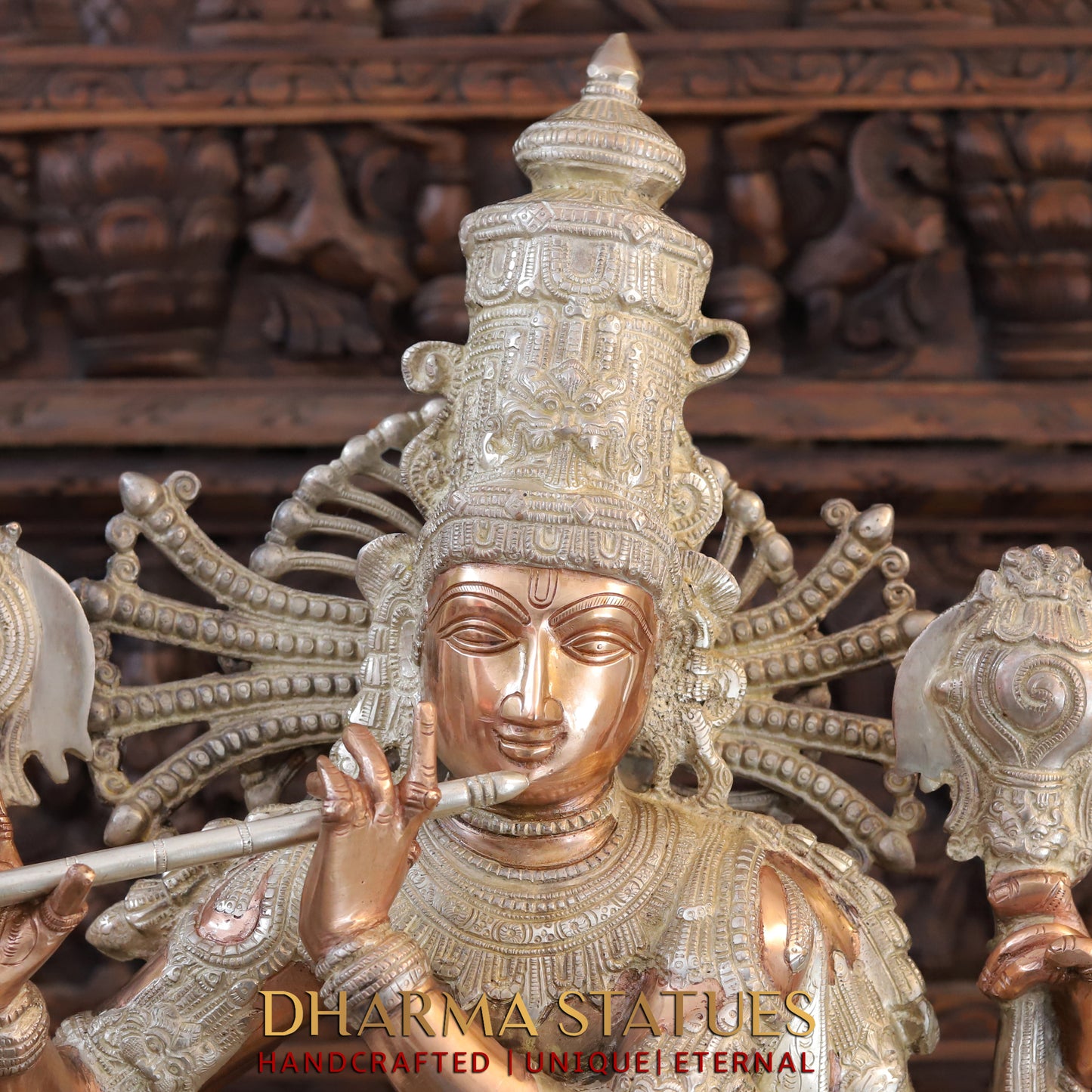 Brass Krishna playing Flute on Pedestal, Silver & Copper Finish, 40"