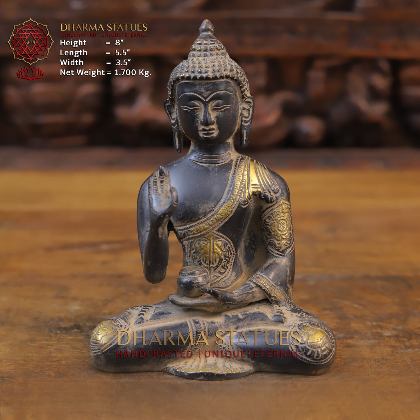 Brass Buddha seated in Blessing Posture, Black Patina & Golden Finish, 8"