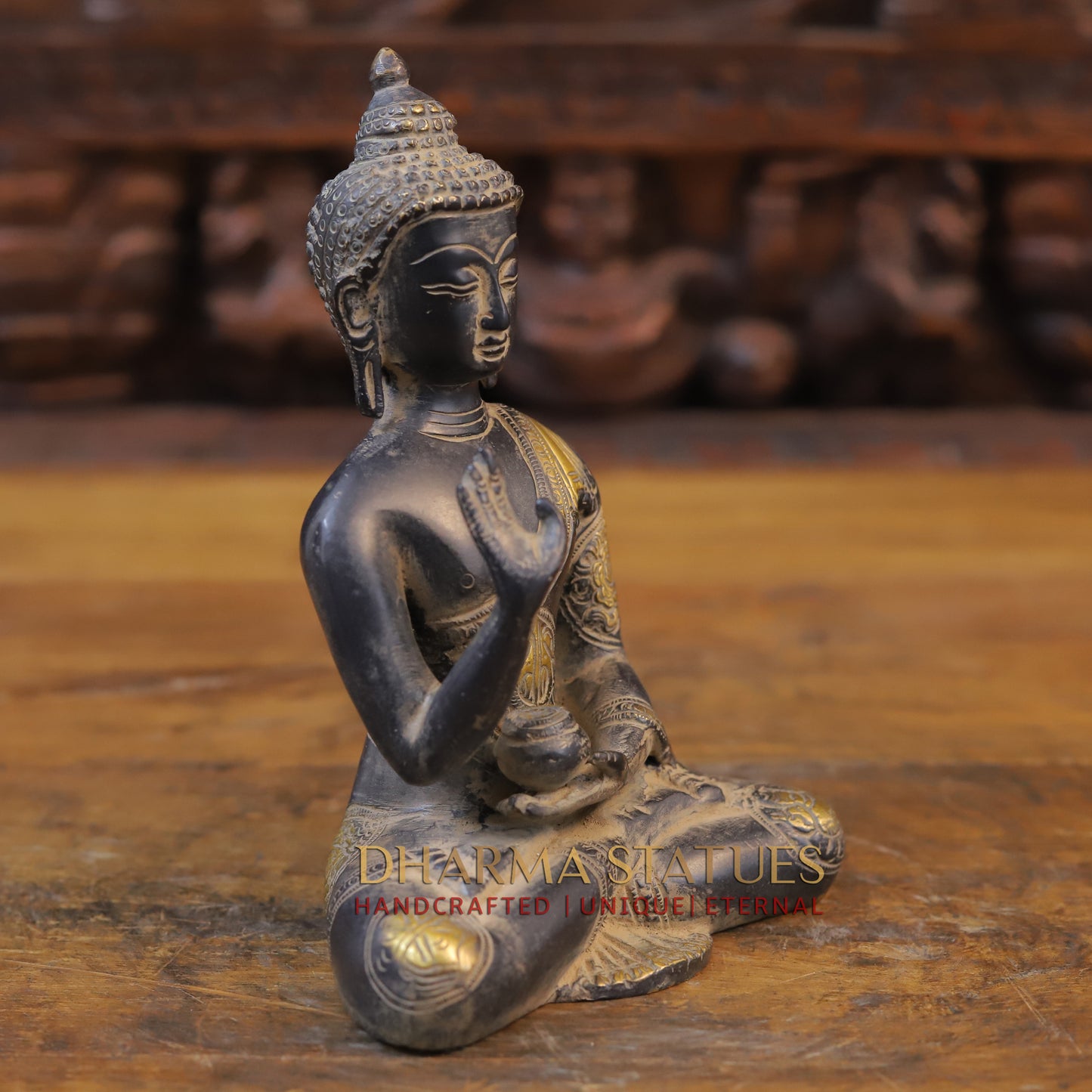 Brass Buddha seated in Blessing Posture, Black Patina & Golden Finish, 8"