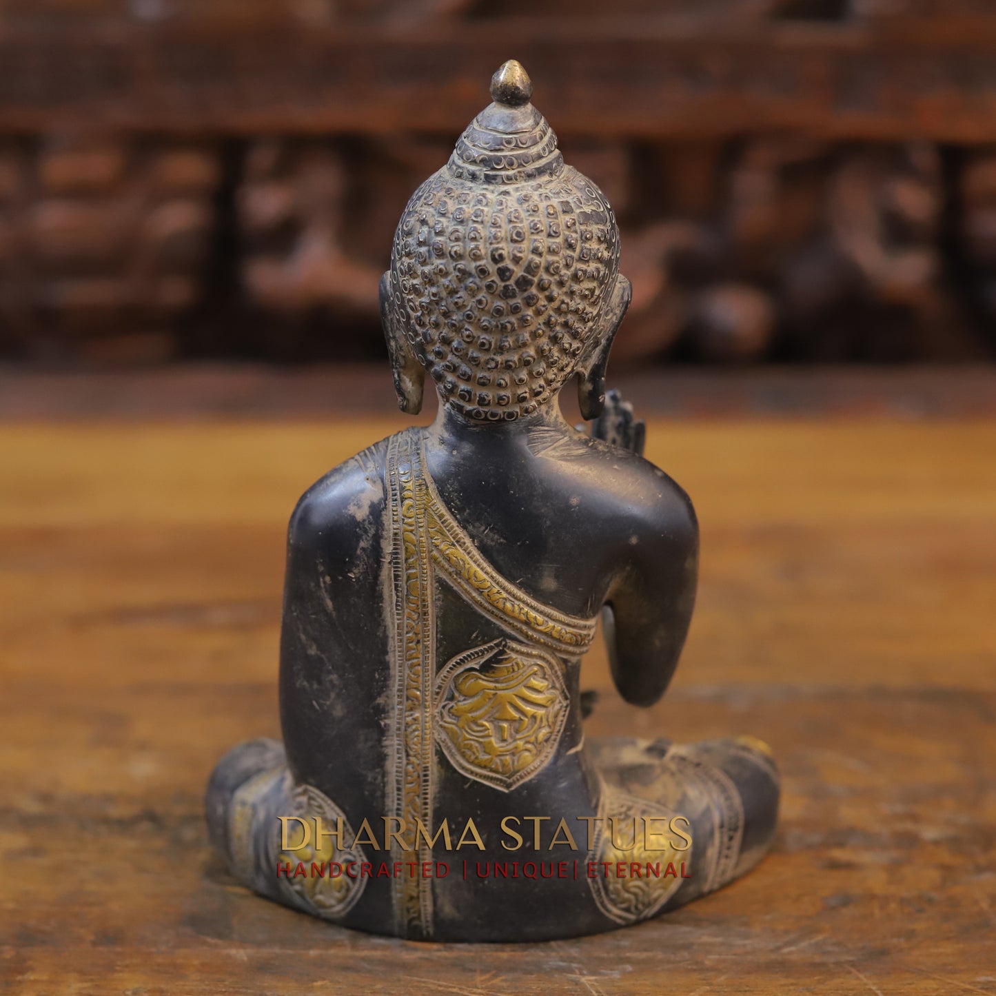 Brass Buddha seated in Blessing Posture, Black Patina & Golden Finish, 8"