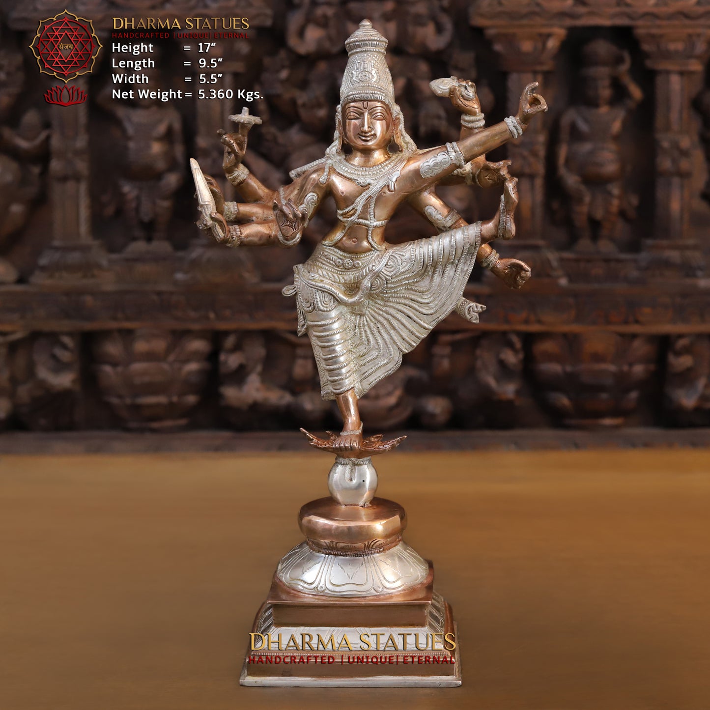 Brass Vishnu with 6 arms standing on Pedestal, Silver & Copper Finish, 17"
