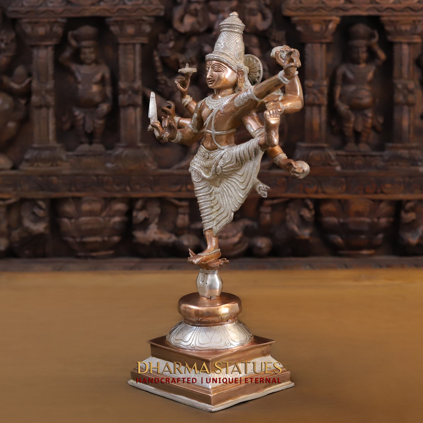 Brass Vishnu with 6 arms standing on Pedestal, Silver & Copper Finish, 17"