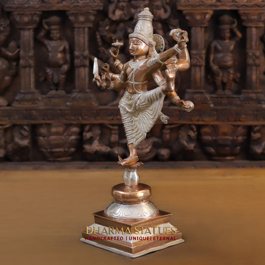 Brass Vishnu with 6 arms standing on Pedestal, Silver & Copper Finish, 17"