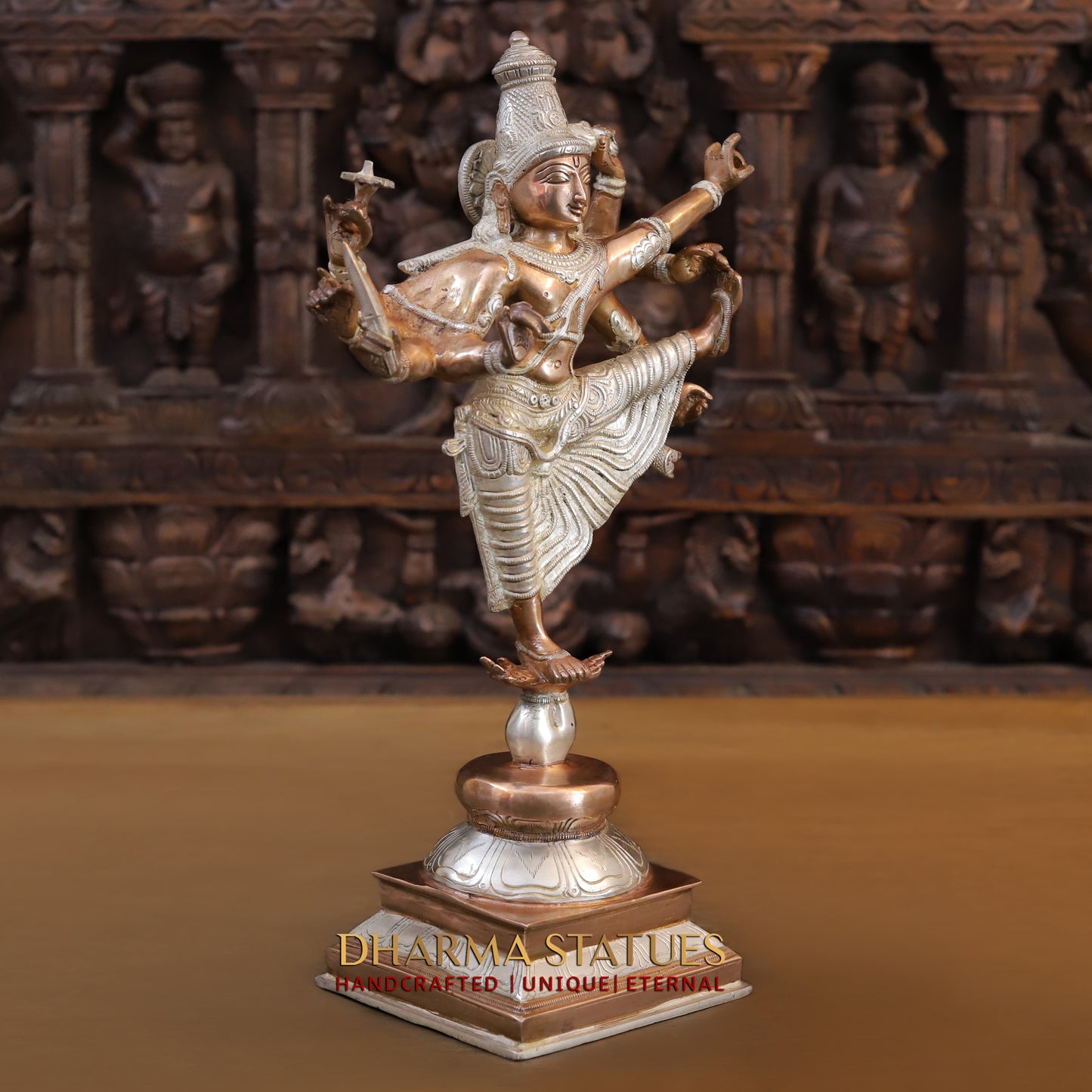 Brass Vishnu with 6 arms standing on Pedestal, Silver & Copper Finish, 17"