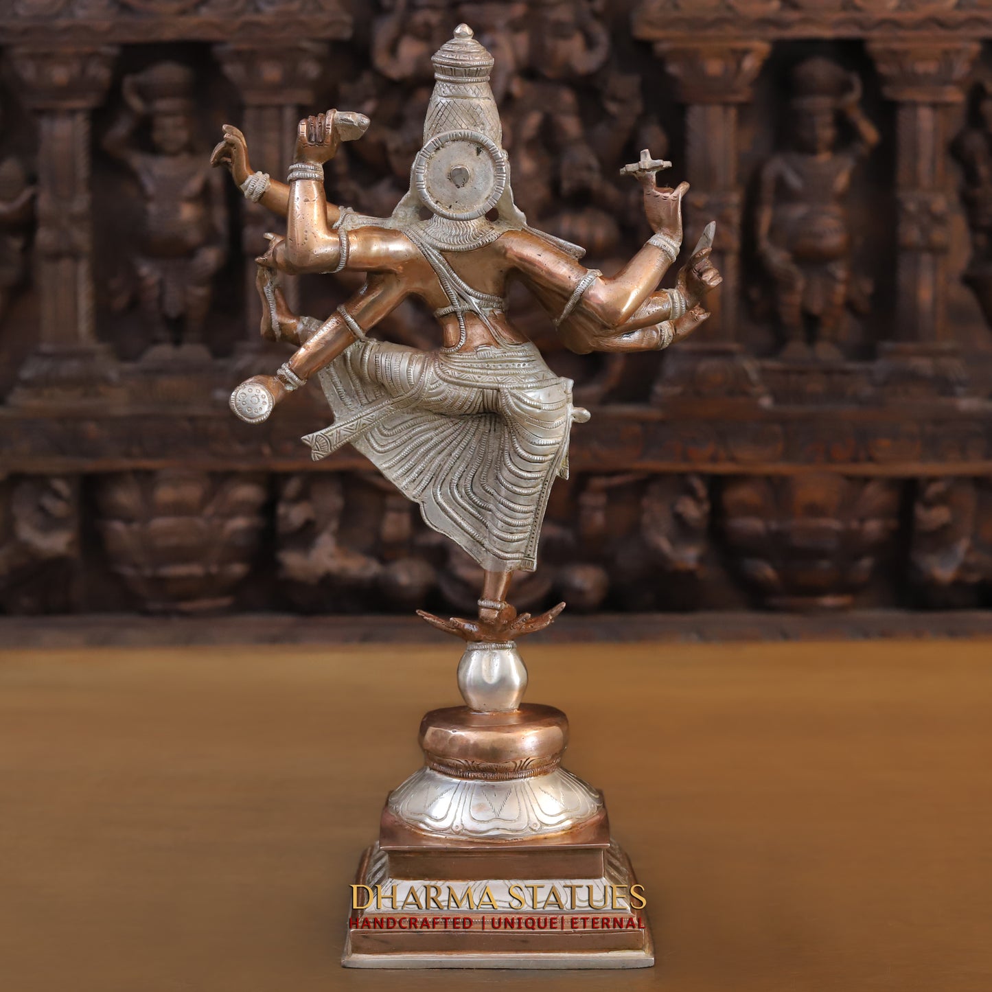 Brass Vishnu with 6 arms standing on Pedestal, Silver & Copper Finish, 17"