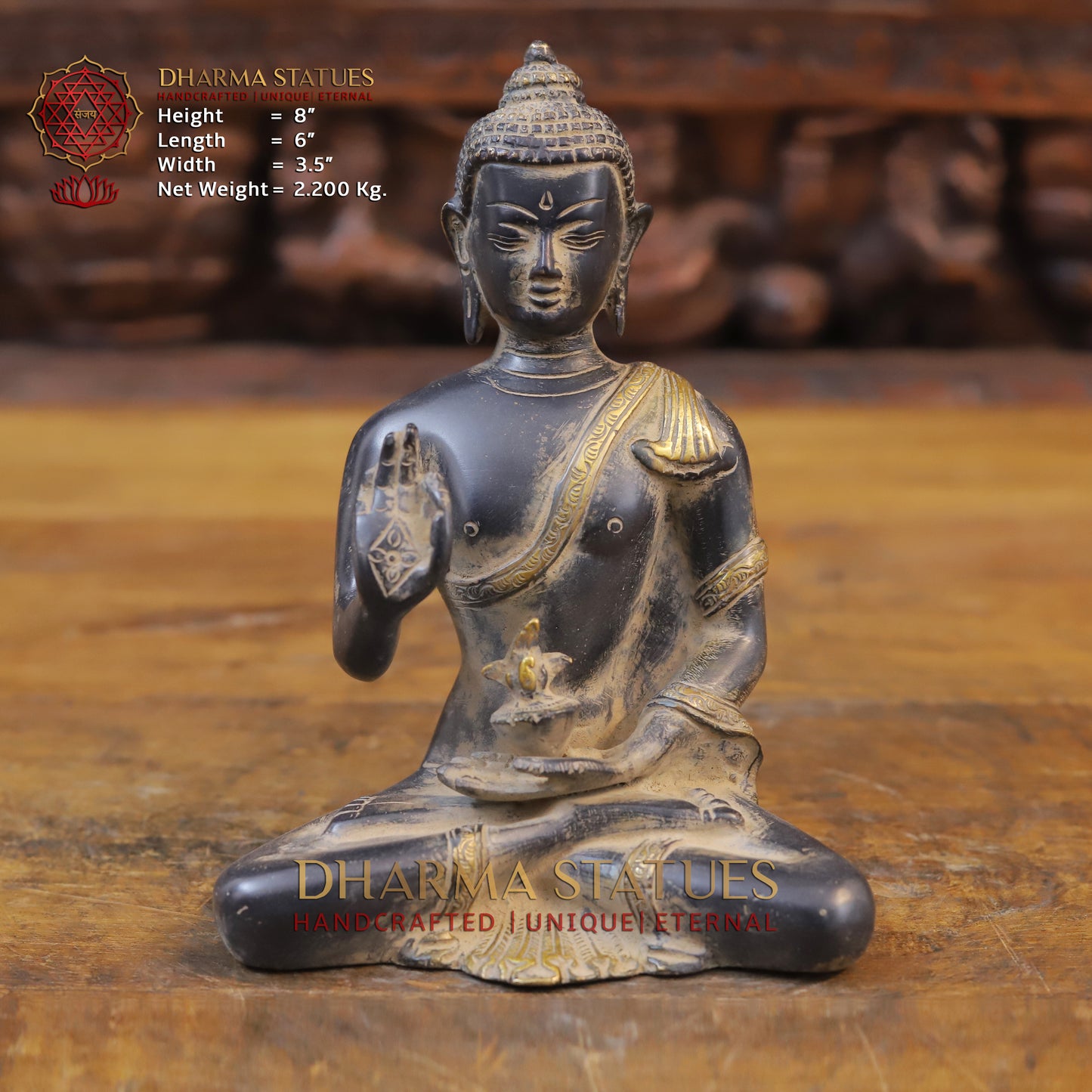 Brass Buddha seated in Blessing Posture, Black Patina & Golden Finish, 8"