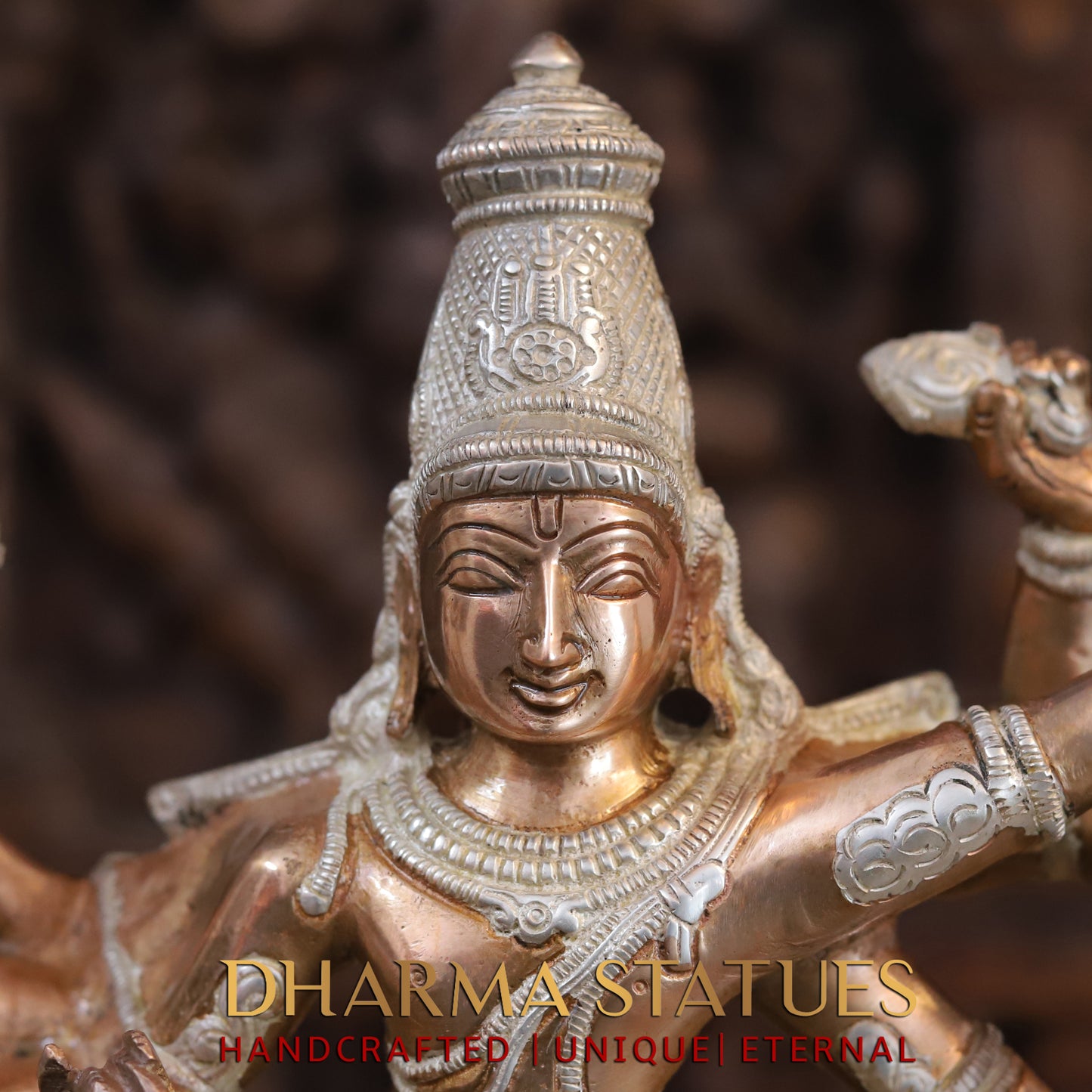 Brass Vishnu with 6 arms standing on Pedestal, Silver & Copper Finish, 17"