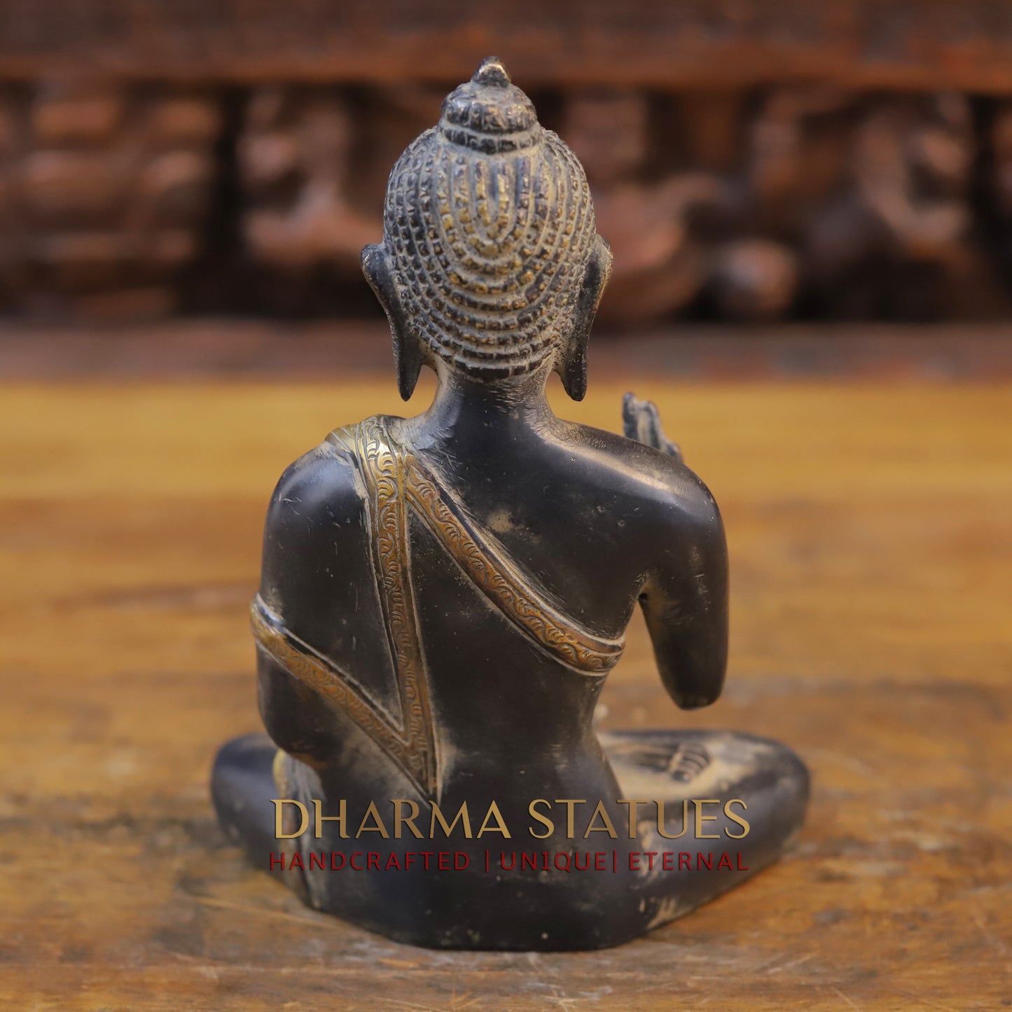 Brass Buddha seated in Blessing Posture, Black Patina & Golden Finish, 8"