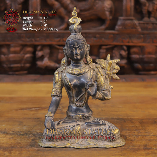 Brass Tara Statue Seated, Black Patina and Golden Finish, 11"