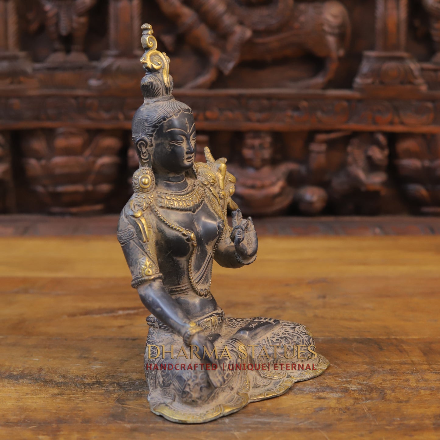 Brass Tara Statue Seated, Black Patina and Golden Finish, 11"