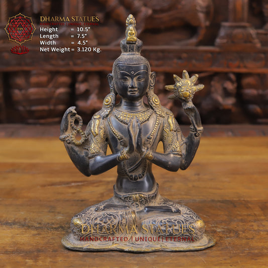 Brass Tara Statue Seated, Black Patina and Golden Finish, 10.5"