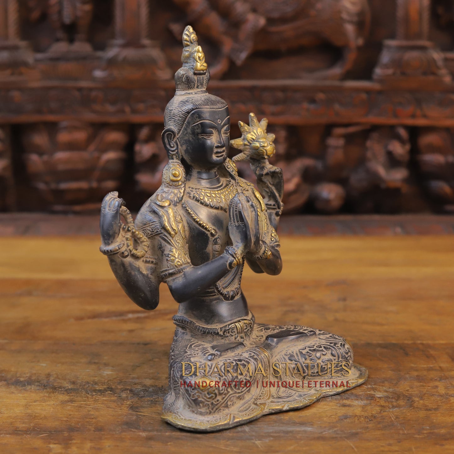 Brass Tara Statue Seated, Black Patina and Golden Finish, 10.5"