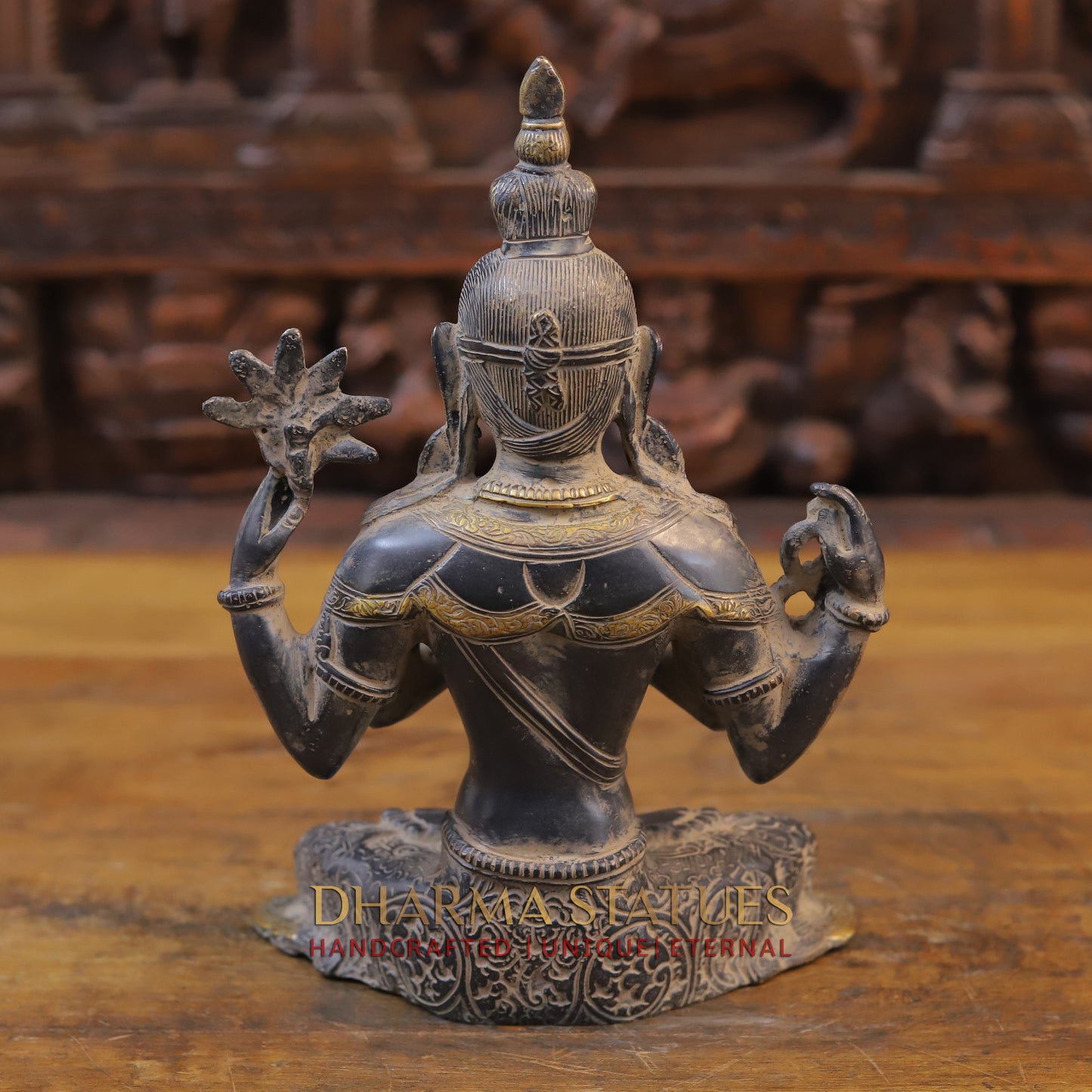 Brass Tara Statue Seated, Black Patina and Golden Finish, 10.5"