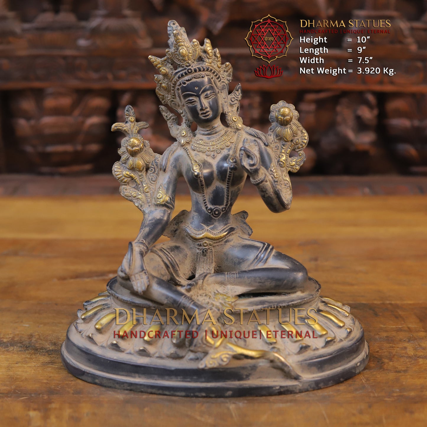 Brass Tara Statue Seated, Black Patina and Golden Finish, 10"