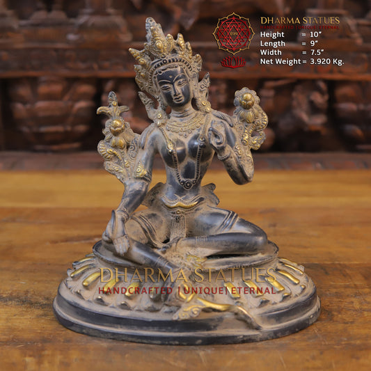 Brass Tara Statue Seated, Black Patina and Golden Finish, 10"