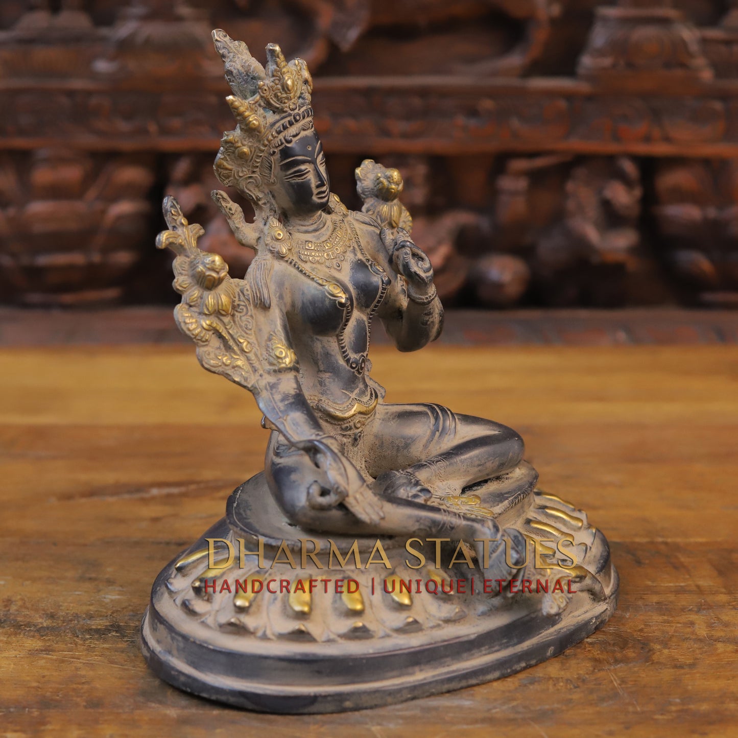 Brass Tara Statue Seated, Black Patina and Golden Finish, 10"