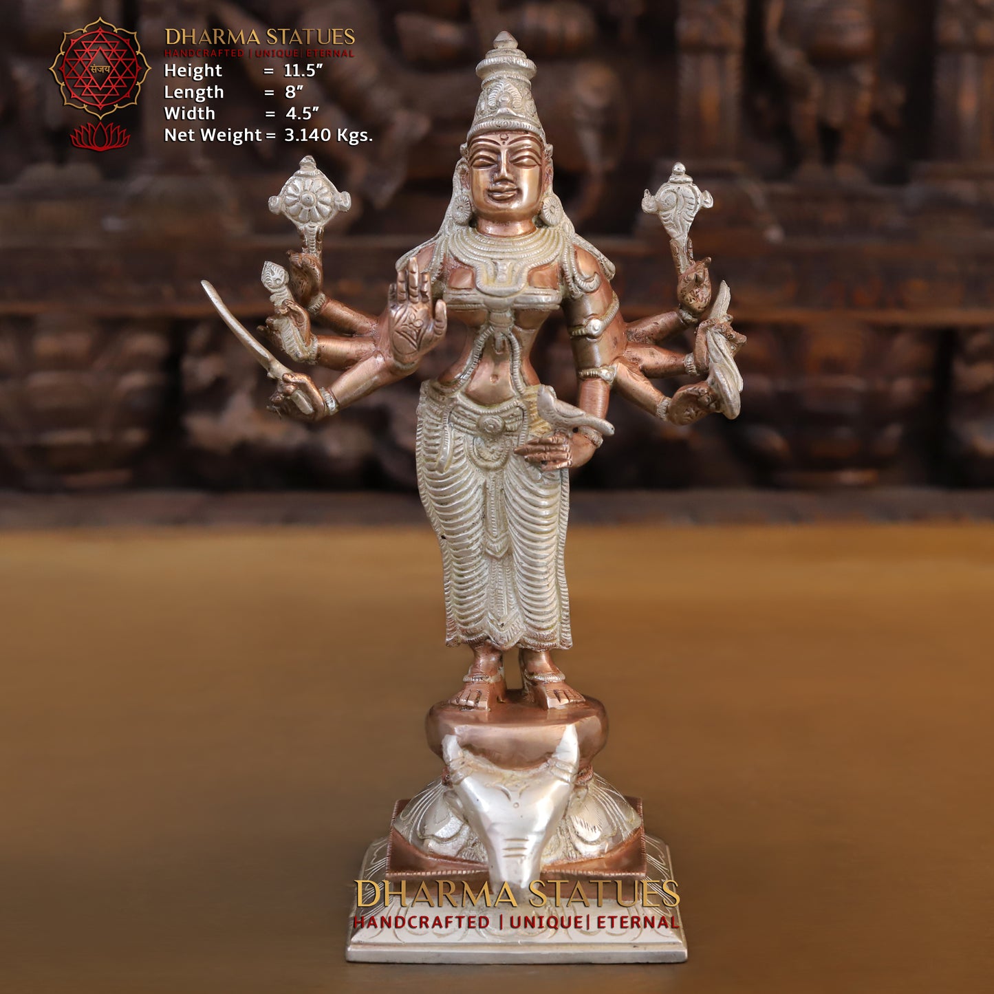 Brass Durga Standing on Buffalo Head, Copper & Silver Finish, 11.5"