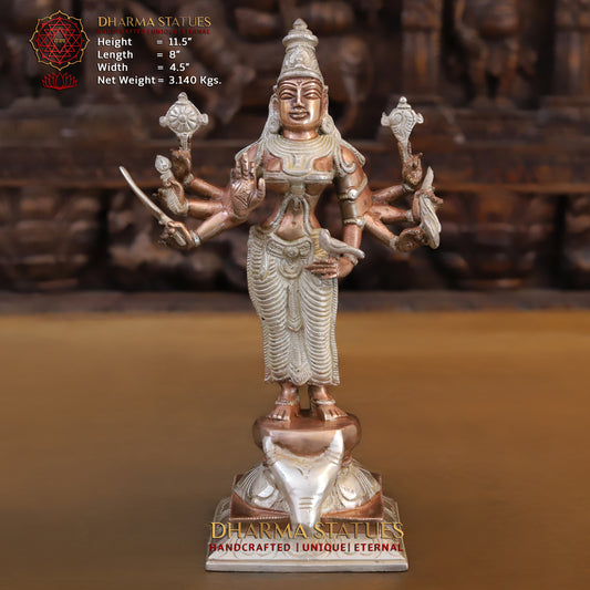 Brass Durga Standing on Buffalo Head, Copper & Silver Finish, 11.5"