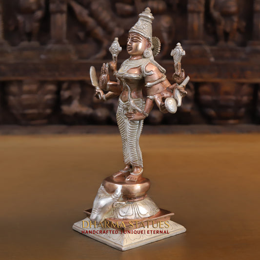 Brass Durga Standing on Buffalo Head, Copper & Silver Finish, 11.5"