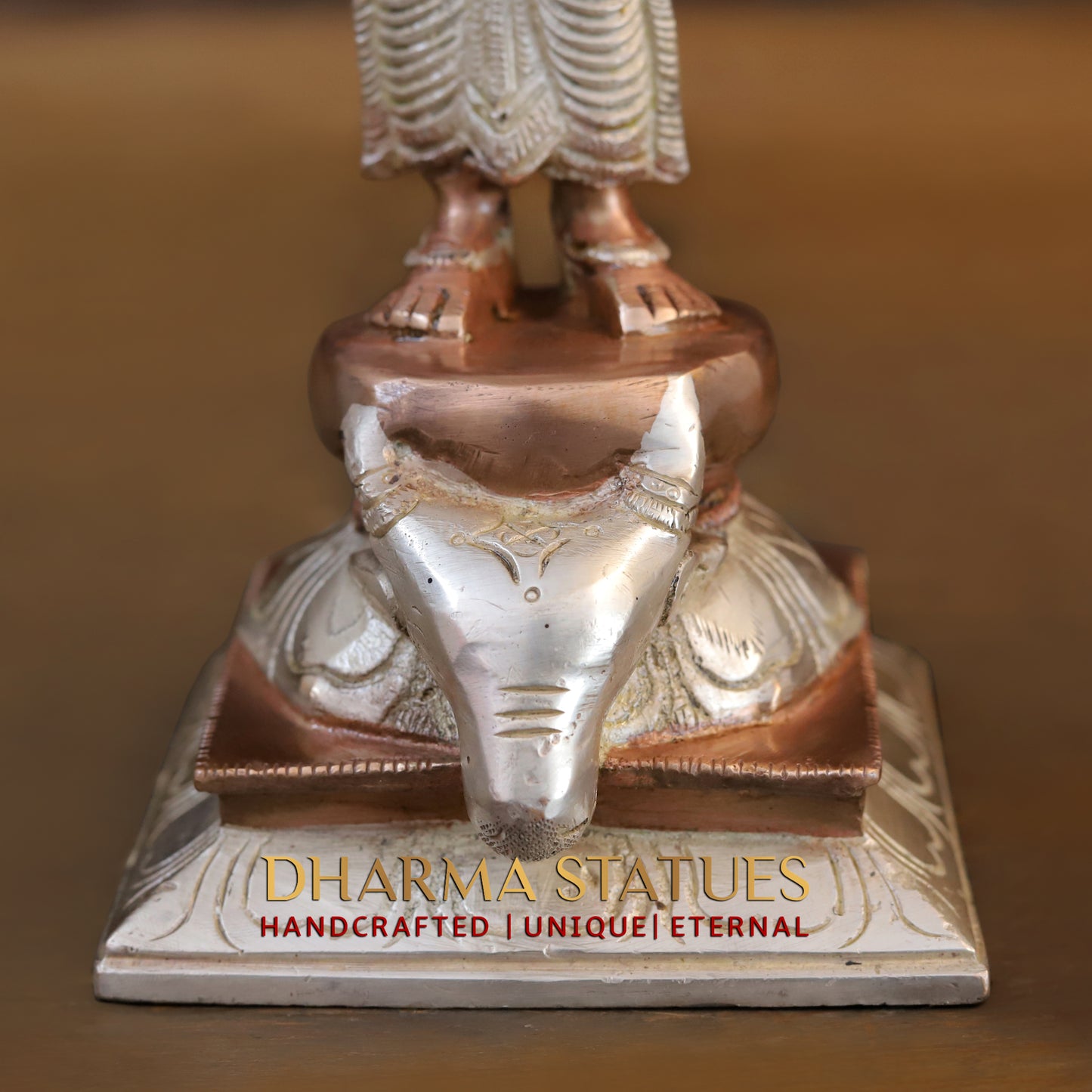 Brass Durga Standing on Buffalo Head, Copper & Silver Finish, 11.5"
