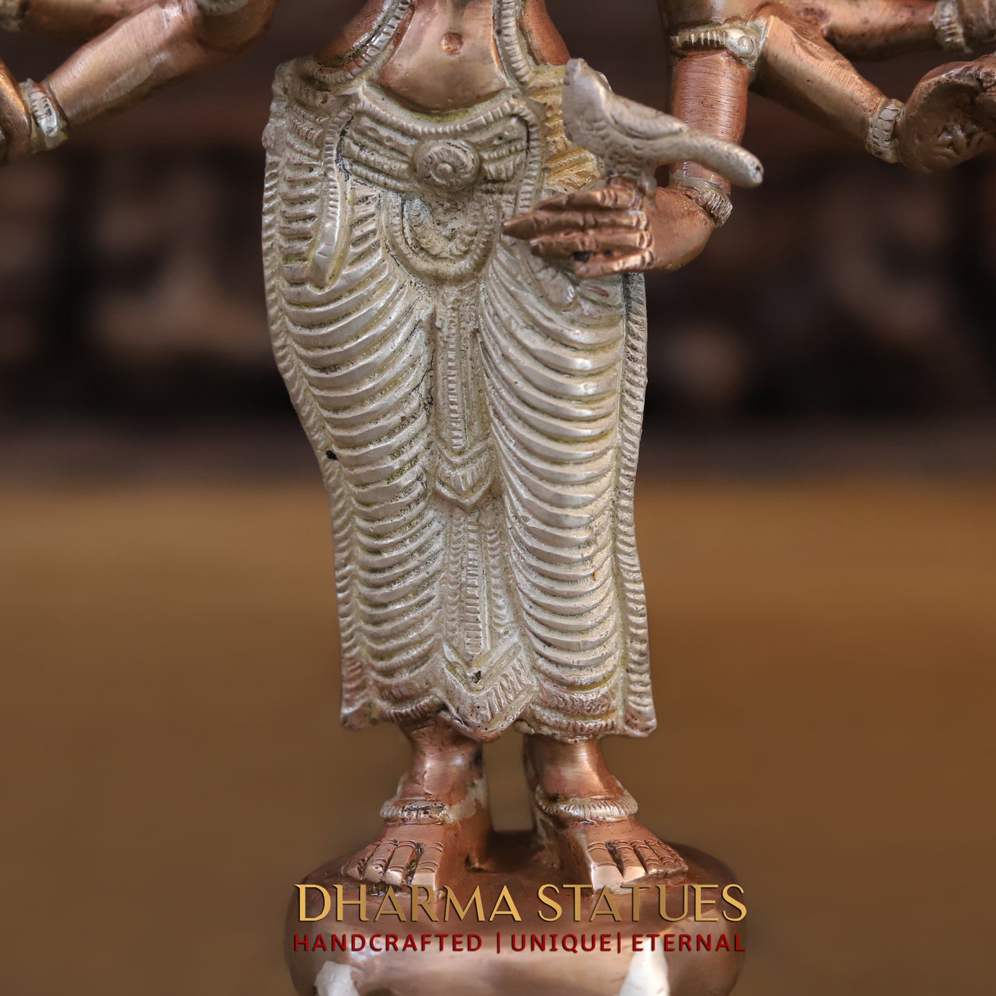 Brass Durga Standing on Buffalo Head, Copper & Silver Finish, 11.5"