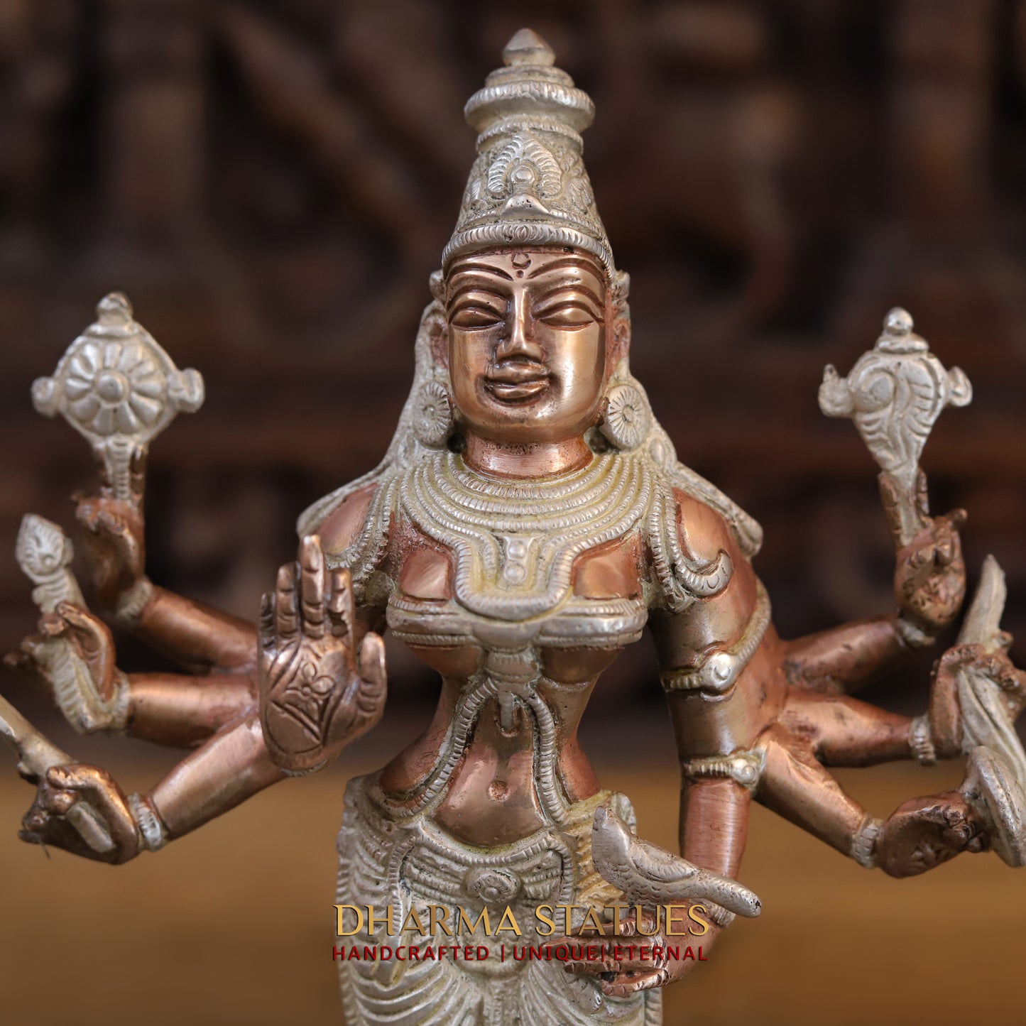 Brass Durga Standing on Buffalo Head, Copper & Silver Finish, 11.5"