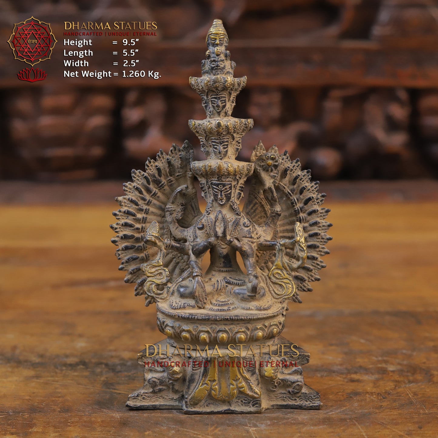 Brass Avalokiteshvara Buddha, Fine Golden Finish, 9.5"