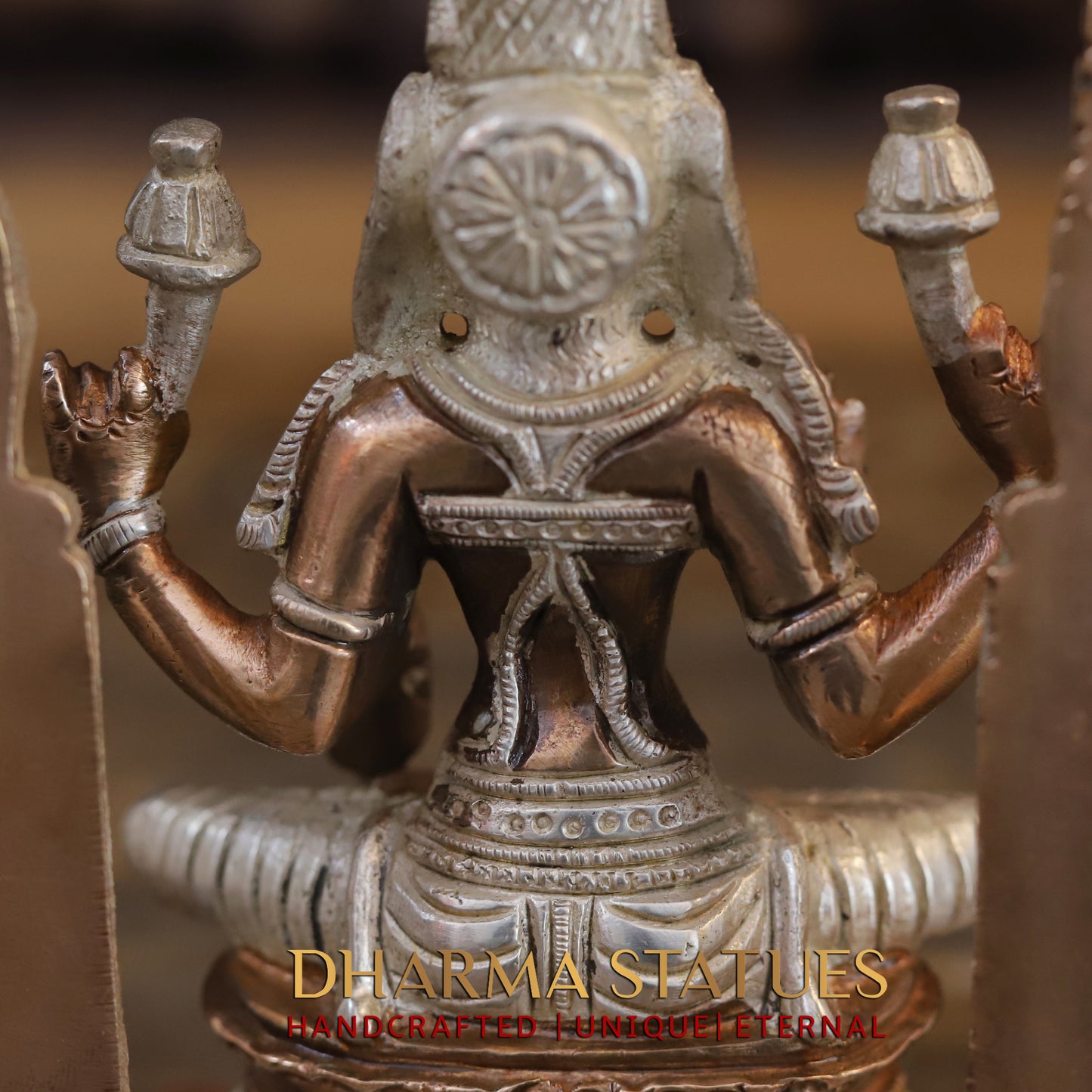 Brass Lakshmi seated with Frame, Blessing Posture, Silver & Copper Finish, 9.5"