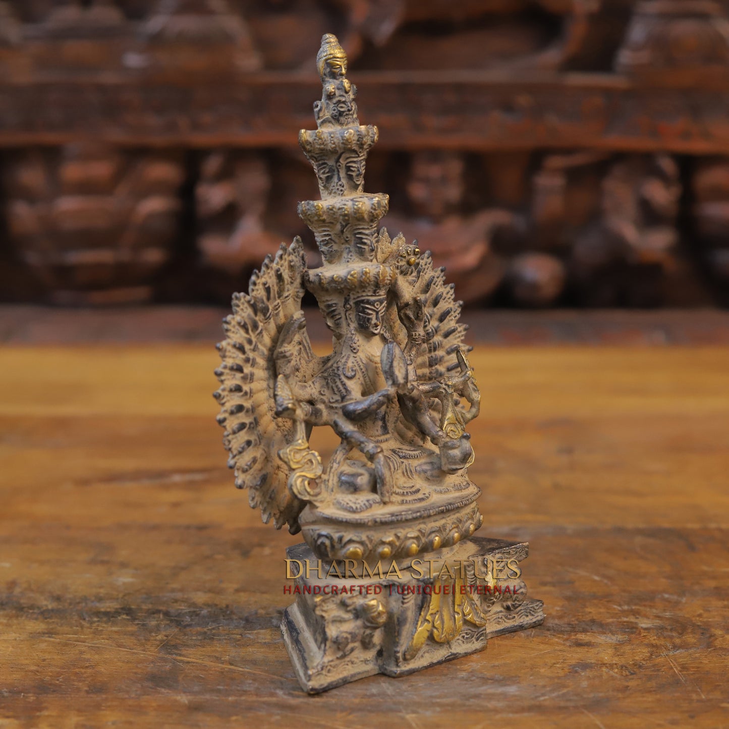 Brass Avalokiteshvara Buddha, Fine Golden Finish, 9.5"