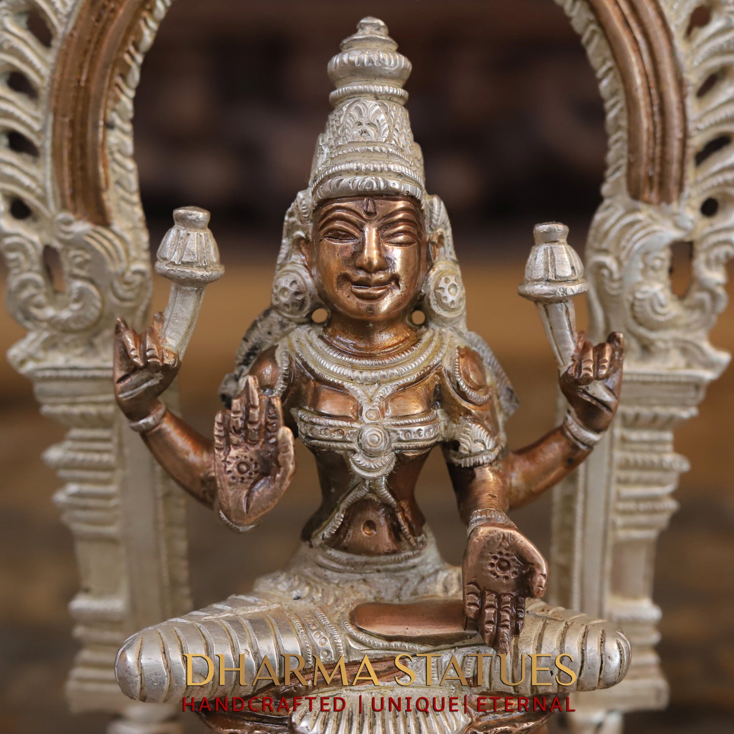 Brass Lakshmi seated with Frame, Blessing Posture, Silver & Copper Finish, 9.5"