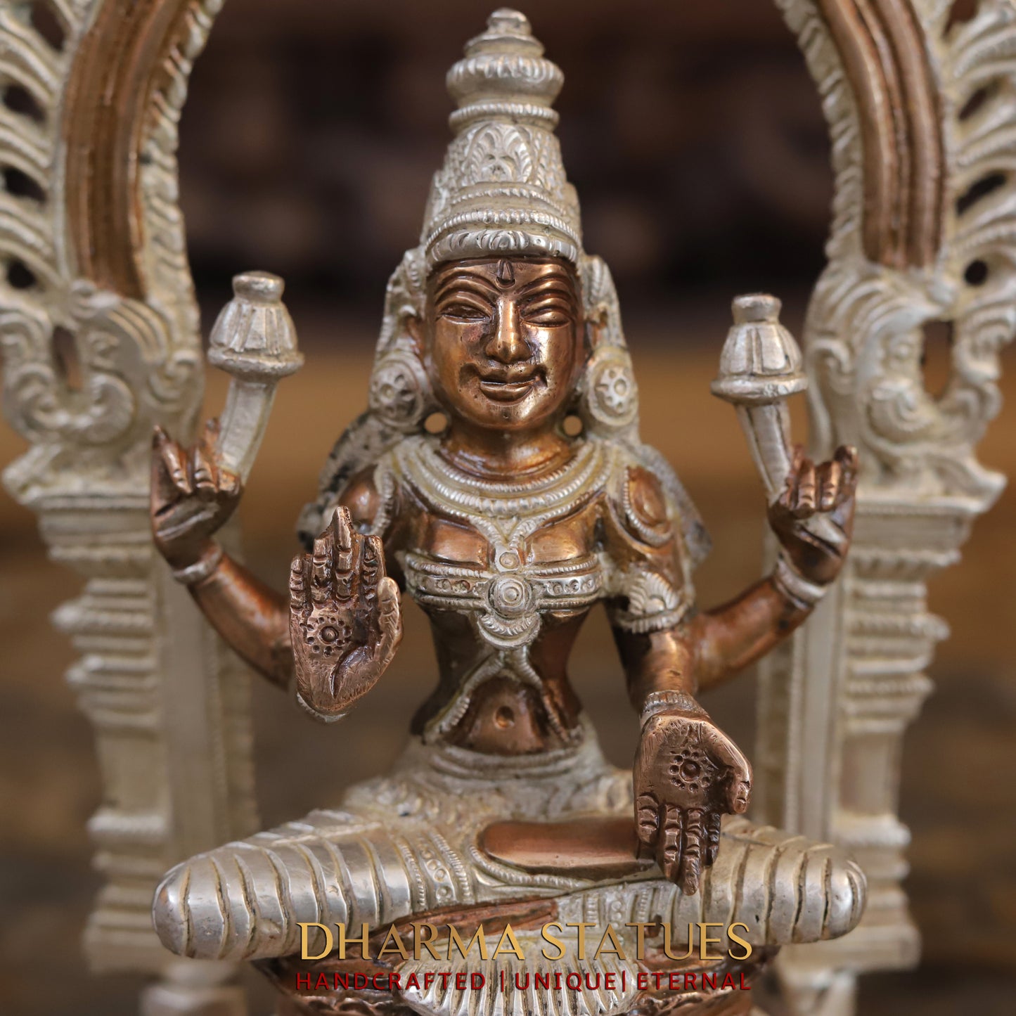 Brass Lakshmi seated with Frame, Blessing Posture, Silver & Copper Finish, 9.5"
