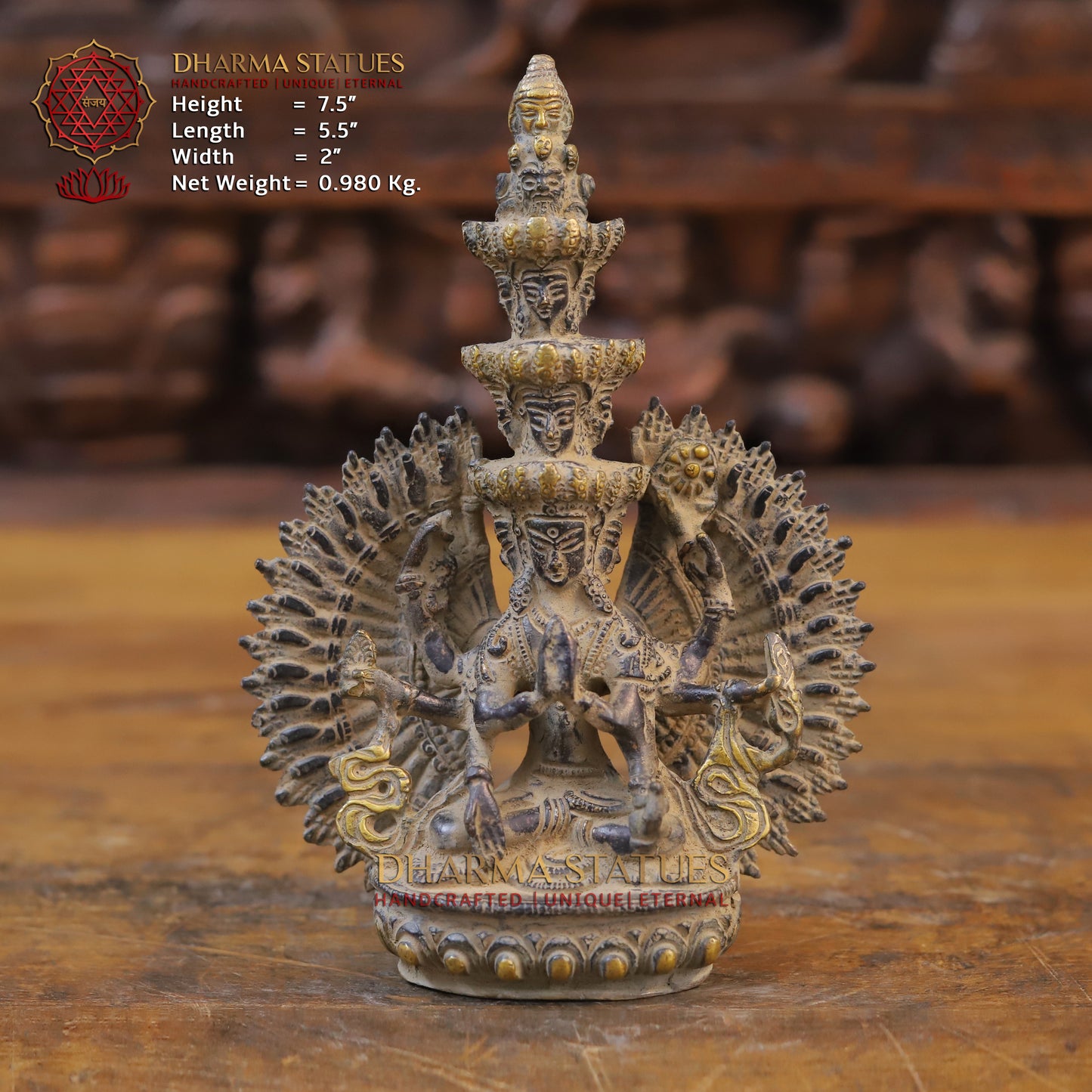 Brass Avalokiteshvara Buddha, Fine Golden Finish, 7.5"