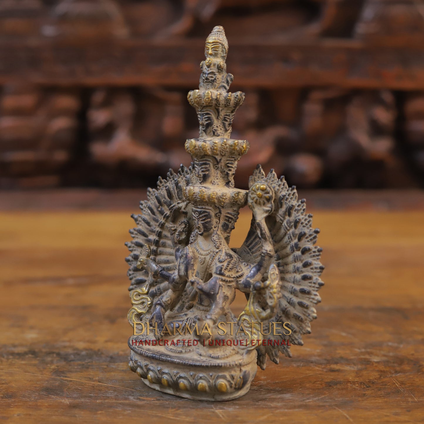 Brass Avalokiteshvara Buddha, Fine Golden Finish, 7.5"