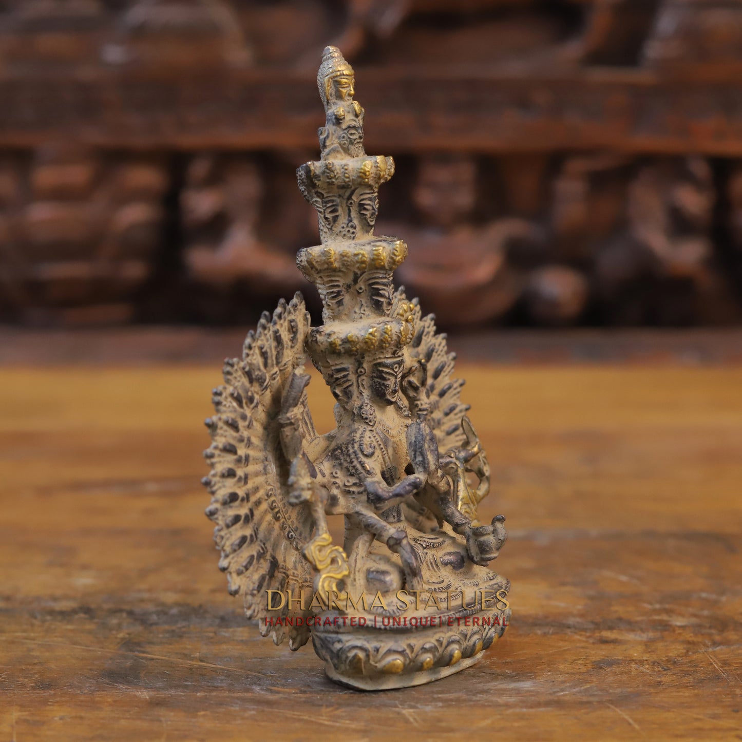 Brass Avalokiteshvara Buddha, Fine Golden Finish, 7.5"