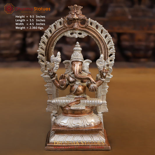 Brass Ganesh seated with Frame, Blessing Posture, Silver & Copper Finish, 9.5"