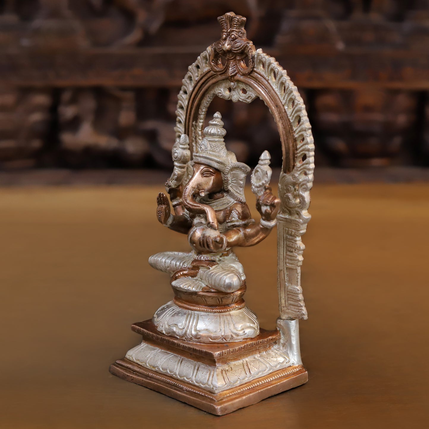 Brass Ganesh seated with Frame, Blessing Posture, Silver & Copper Finish, 9.5"