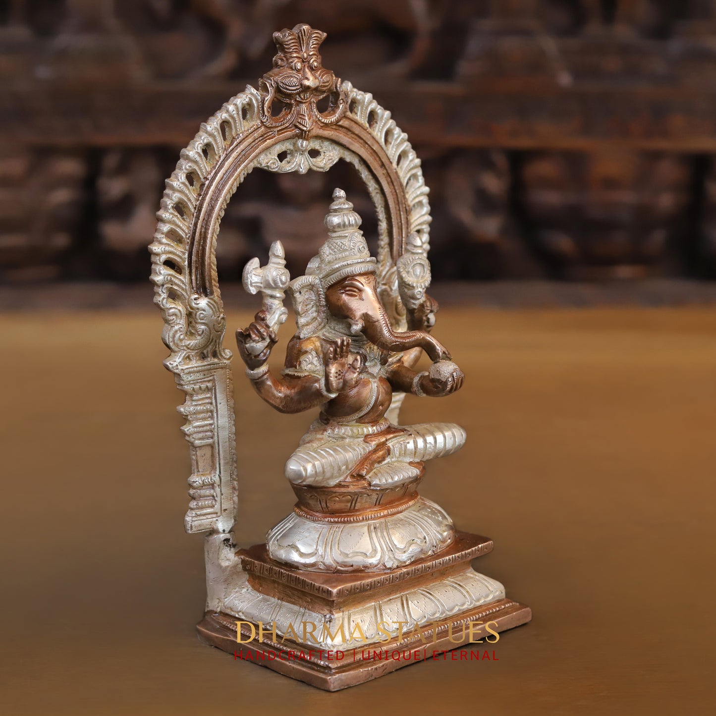 Brass Ganesh seated with Frame, Blessing Posture, Silver & Copper Finish, 9.5"