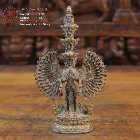 Brass Avalokiteshvara Buddha Standing, Fine Golden Finish, 8.5"