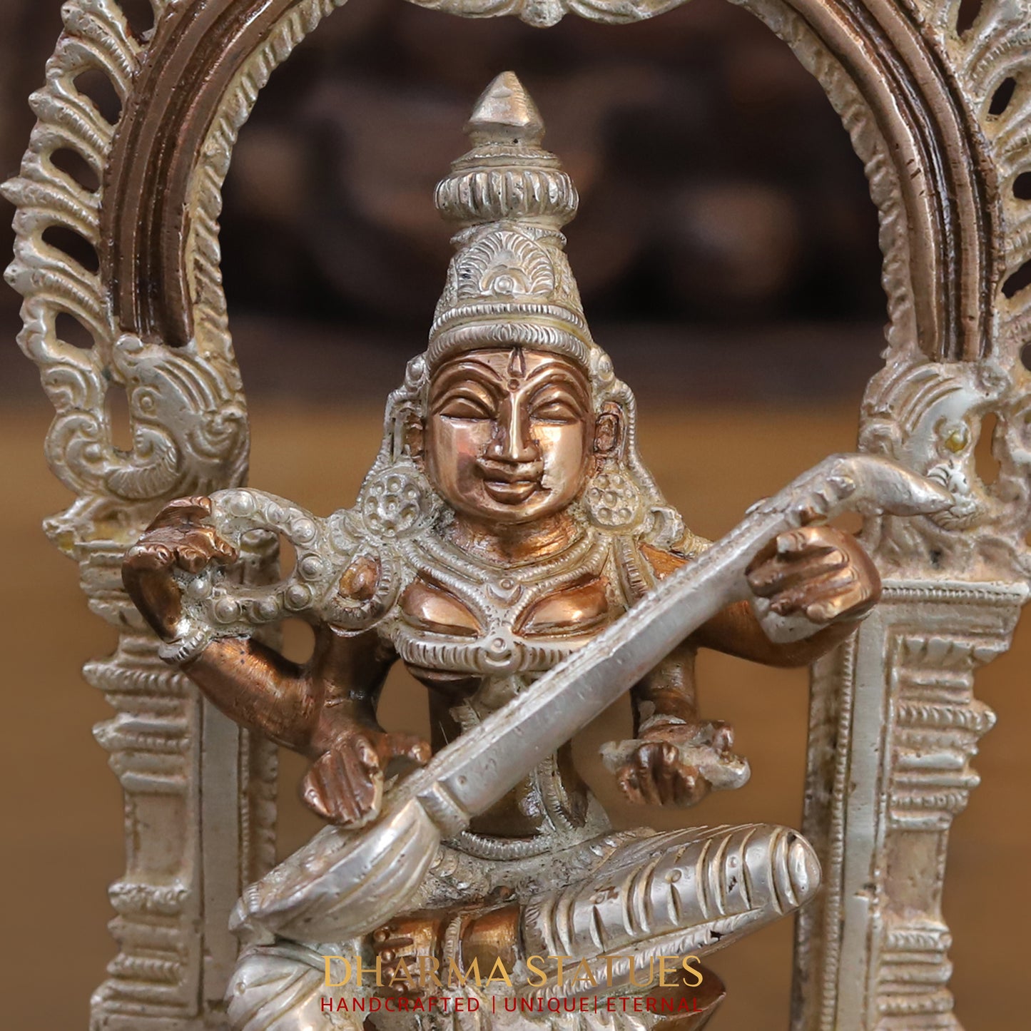 Brass Saraswati seated with Frame, Silver & Copper Finish, 9.5"