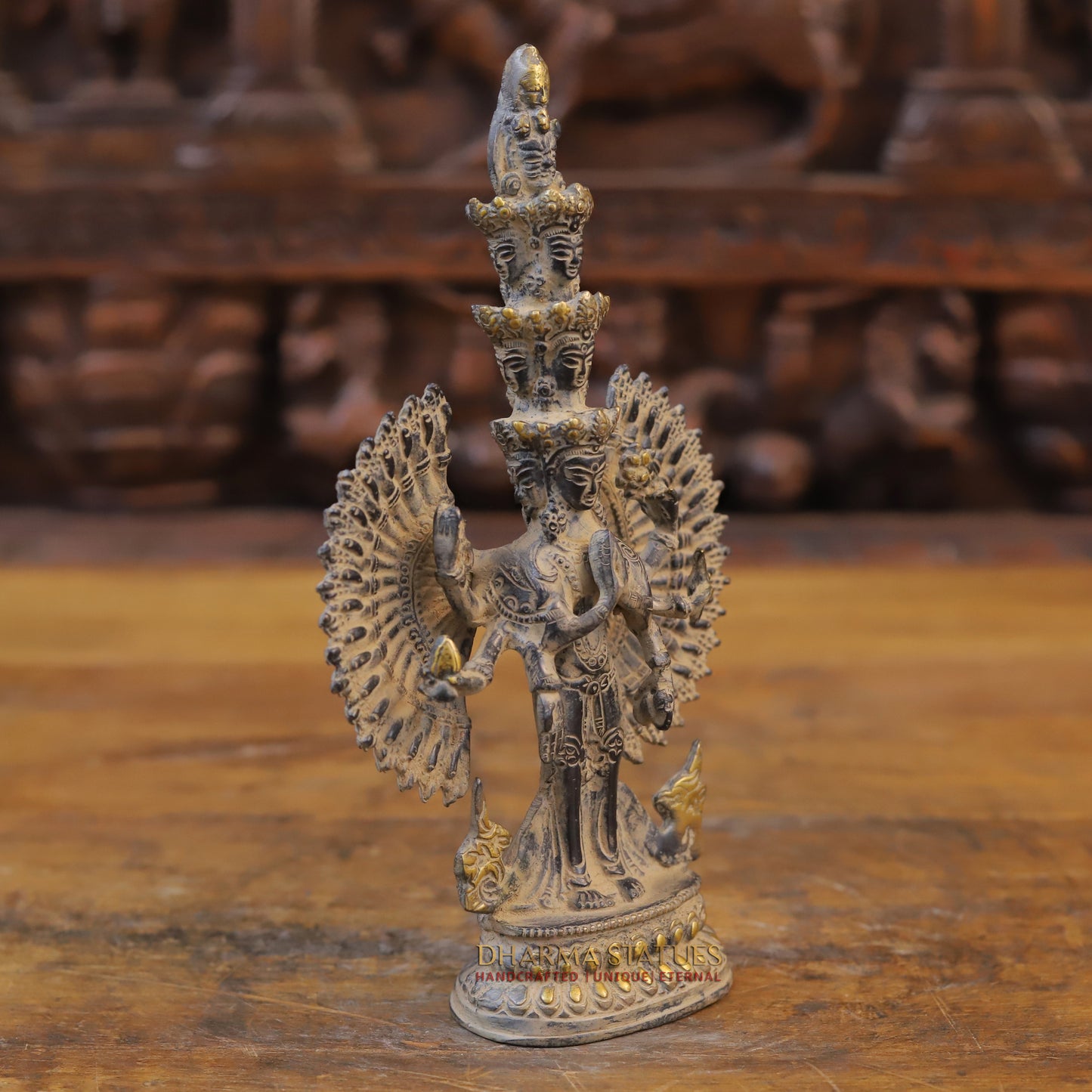 Brass Avalokiteshvara Buddha Standing, Fine Golden Finish, 8.5"